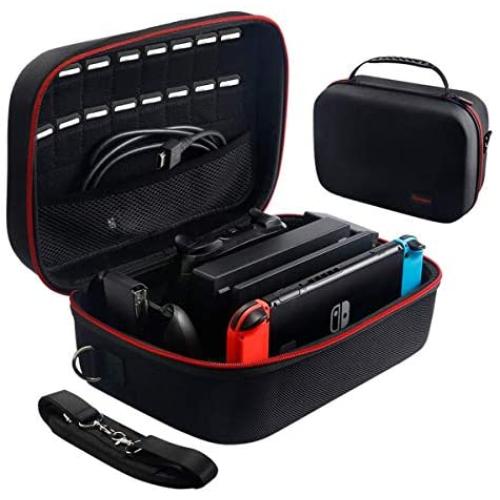 Large Carrying Storage Case for Nintendo Switch,Protective Travel Hard Shell Messenger Bag for Switch Console, Pro Controller, Accessories Switch Dock, AC Adapter with 16 Game Cards and Shoulder Strap