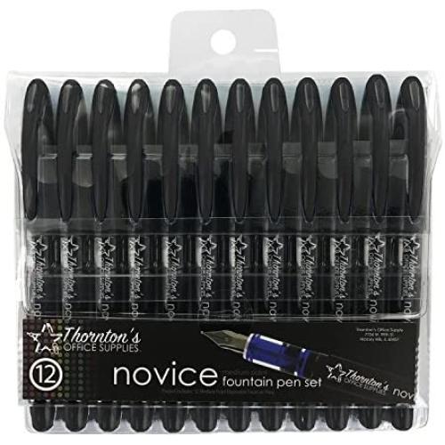Thorntons Office Supplies Disposable Fountain Pens Pack of 12 Medium Point Black Journaling and Calligraphy Pen for Smooth Writing - Gift for Beginner Artist