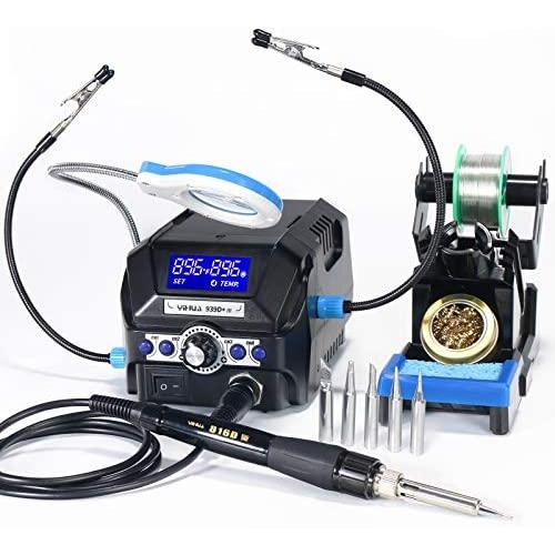 Yihua 939D+ III Efficient Soldering Station, 75W Equivalent with 4 Memories, Dual ℉/℃ Display System, 392~896℉ Adjustable, Sleep mode, Ultra compact Design.Plus Helping Hands and a LED Magnifying Lens