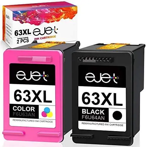 ejet Remanufactured Ink Cartridge Replacement for HP 63XL 63 XL to use with OfficeJet 3830 Envy 4520 4512 Officejet 4650 5255 Deskjet 1112 3634 3639 3632 Printer (1 Black, 1 Color)