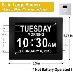 Digital Calendar Alarm Day Clock - with 8” Screen Display, am pm, 5 Alarm, for Extra Impaired Vision People, The Aged Seniors, The Dementia, Wall Mounted, black
