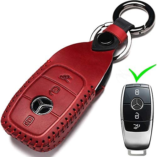 Leather Mercedes-Benz Key Fob Cover, Suit for Keyless Remote Control for Benz A C E S Class Series and GLK CLA GLA GLC GLE CLS SLK AMG Series etc (A-Red)