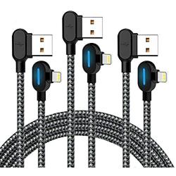 Right Angle Phone Charger Cable 3 Pack (6/6/ 6FT) Fast Charging Cord 90 Degree Nylon Braided Data Cable with Blue LED for Phone 11/ Pro/Max/X/XS/XR/ 8/ 8Plus/7/7 Plus/6/6S/6 Plus (Black Gray, 6FT)