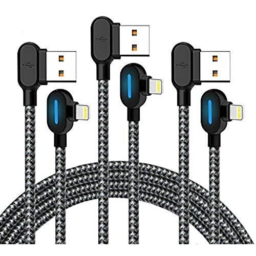 Right Angle Phone Charger Cable 3 Pack (6/6/ 6FT) Fast Charging Cord 90 Degree Nylon Braided Data Cable with Blue LED for Phone 11/ Pro/Max/X/XS/XR/ 8/ 8Plus/7/7 Plus/6/6S/6 Plus (Black Gray, 6FT)