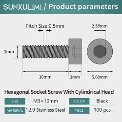 M3 x 10mm Socket Head Cap Bolts Screws 12.9 Grade Alloy Steel Full Thread Metric Machine Hex Socket Screw, 100PCS