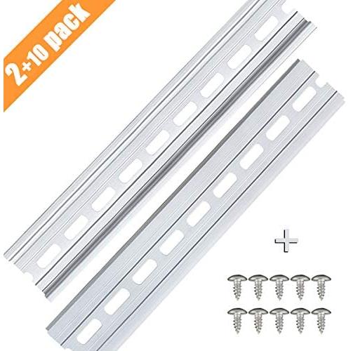 2 Piece DIN Rails, 35mm Aluminum Top Hat Slotted DIN Rail with RoHS, Extra Premium Screws Included for Hardware Components Mounting - 12.9 Inches Long, 35mm Wide, 7.5mm High