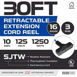 30Ft Retractable Extension Cord Reel with Breaker Switch & 3 Electrical Power Outlets - 16/3 SJTW Durable Blue Cable - Perfect for Hanging from Your Garage Ceiling
