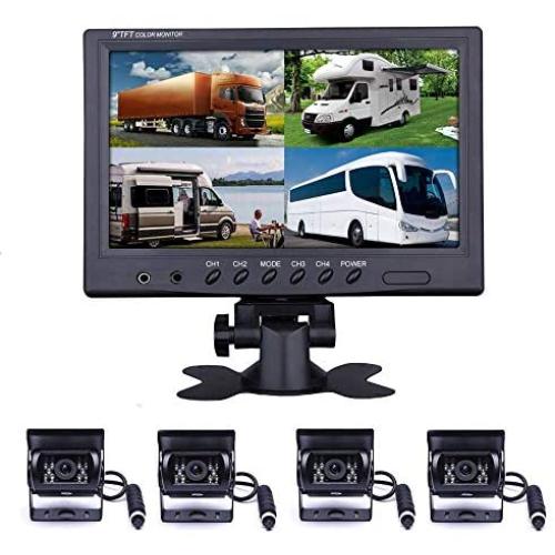 Backup Camera Hard Wired Backup Camera 9 Quad Split Screen HD Rear Backup Camera Monitor System, Waterproof IR Night Vision Backup Camera for Trucks,Trailer Heavy,Box,RV,Camper Bus Rearview Camera