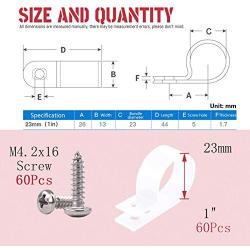Hilitchi 60Pcs Plastic Cable Clamp R Type Screw Mounting Cord Fastener Cable Clips with Screws for Wire Management Cable Conduit (1inch, White)