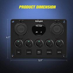Nilight - 90125E 5 Gang Multi Function Rocker Switch Green Backlit Dual USB Charger + Digital Voltmeter +12V Outlet Pre-Wired Switch Panel with Inline Fuse for RVs Cars Boats Trucks Trailers