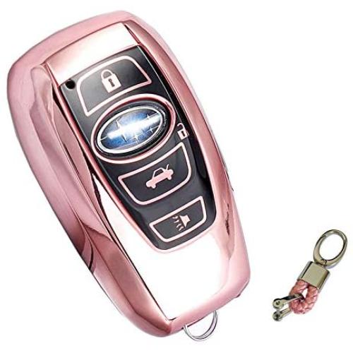 BFANG for Subaru Key Fob Case Cover, TPU Key Fob Shell Keyless Remote Control Smart Key with Keychain Fit for Subaru WRX Outback Ascent Forester Crosstrek Legacy Impreza Smart Remote Fob Keys (Pink)