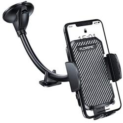 Windshield Phone Holder for Car - FLOVEME Gooseneck Long Arm Car Phone Mount Hands Free Windshield Car Phone Holder Compatible with iPhone Samsung LG Moto Smart Phone Stand for Car (Black)