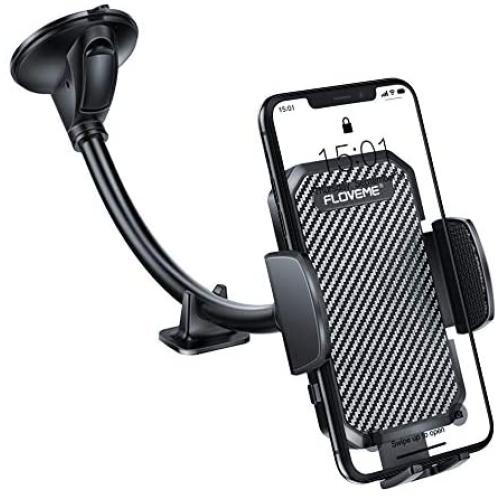 Windshield Phone Holder for Car - FLOVEME Gooseneck Long Arm Car Phone Mount Hands Free Windshield Car Phone Holder Compatible with iPhone Samsung LG Moto Smart Phone Stand for Car (Black)