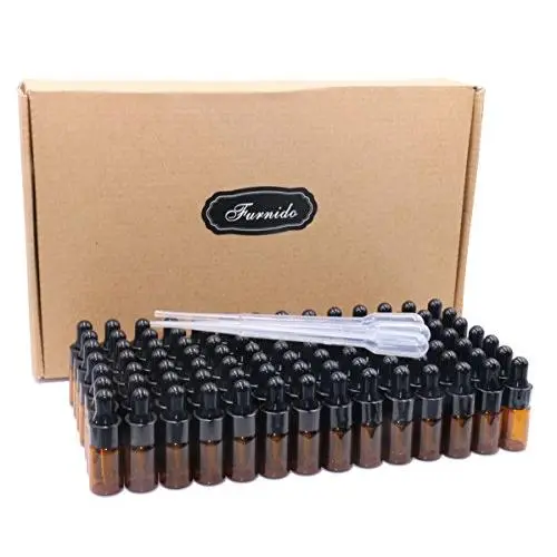 Pack of 100,3ml Amber Glass Dropper Bottle,Empty Sample Vial Glass Eye Dropper Aromatherapy Liquid Perfume Essential Oil Bottles with Glass pipette&Black Aluminum caps-Pipette&Funnel included