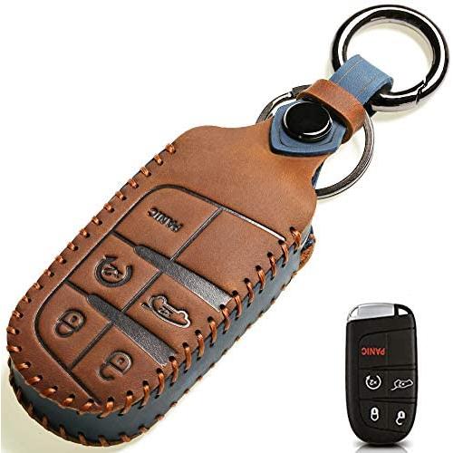 Leather Car Key Fob Cover, Suit for Keyless Remote Control for Jeep Grand Cherokee Dodge Challenger Charger Dart Durango Journey Chrysler 200 300 Fiat etc (A Style, Brown) …