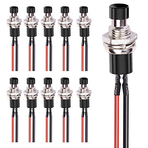 DaFuRui 10Pack Black 1A 250V AC 2 Pins SPST Normal Open Mini Momentary Push Button Switch with Pre-soldered Wires