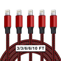 UNEN iPhone Charger Cable(3/3/6/6/10FT)5 Pack Nylon Braided-Black and Red