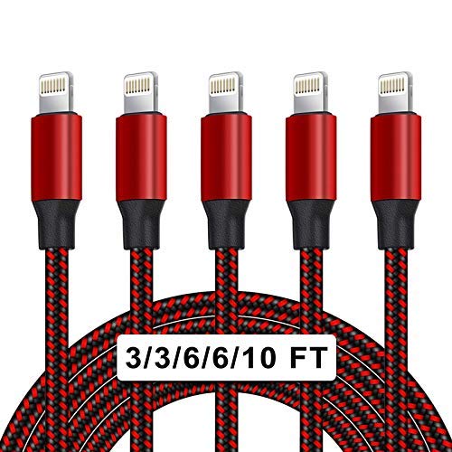 UNEN iPhone Charger Cable(3/3/6/6/10FT)5 Pack Nylon Braided-Black and Red