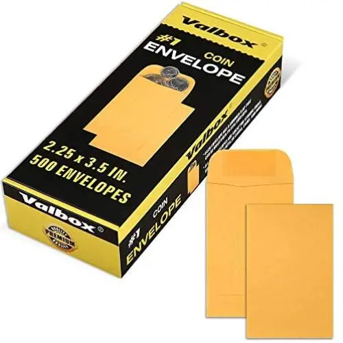 ValBox #1 Coin Envelopes 2.25x 3.5 Small Parts Envelope with Gummed Flap for Home, Garden or Office Use, Brown Kraft Seed Envelopes 500 per Box
