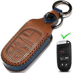 Leather Car Key Fob Cover, Suit for Keyless Control for Jeep Grand Cherokee Dodge Challenger Charger Dart Durango Journey Chrysler 200 300 Fiat … (B-Brown) …