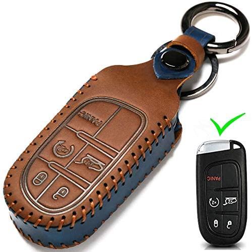 Leather Car Key Fob Cover, Suit for Keyless Control for Jeep Grand Cherokee Dodge Challenger Charger Dart Durango Journey Chrysler 200 300 Fiat … (B-Brown) …