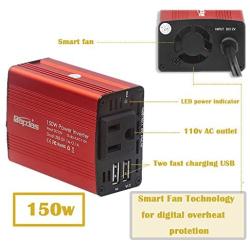 Bapdas 150W Car Power Inverter DC 12V to 110V AC Car Converter with 3.1A Dual USB Car Adapter-Red