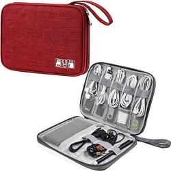 Electronic Accessories Organizer, Universal Travel Digital Accessories Storage Bag for Portable Charger, Cables, Earphone, iPhone, Cord, Customize Inside with Dividers, Red