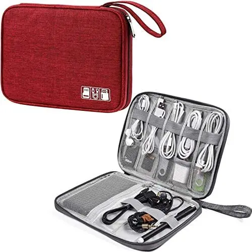 Electronic Accessories Organizer, Universal Travel Digital Accessories Storage Bag for Portable Charger, Cables, Earphone, iPhone, Cord, Customize Inside with Dividers, Red
