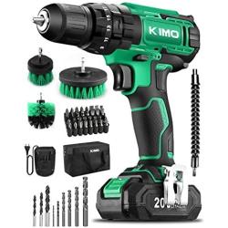 KIMO Cordless Drill Driver Kit, 20V Impact Drill Set w/Lithium-ion Battery/Charger & Cleaning Brush, 350 In-lb Torque, 3/8'' Keyless Chuck, 21+1+1 Clutch, Variable Speed & LED for Metal Concrete Wood