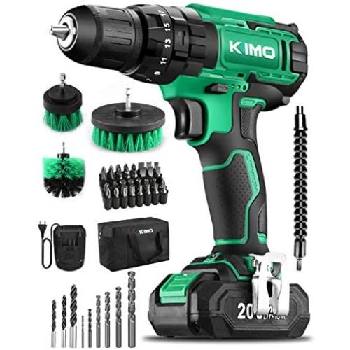 KIMO Cordless Drill Driver Kit, 20V Impact Drill Set w/Lithium-ion Battery/Charger & Cleaning Brush, 350 In-lb Torque, 3/8'' Keyless Chuck, 21+1+1 Clutch, Variable Speed & LED for Metal Concrete Wood