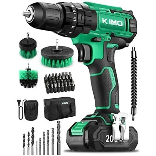 KIMO Cordless Drill Driver Kit, 20V Impact Drill Set w/Lithium-ion Battery/Charger & Cleaning Brush, 350 In-lb Torque, 3/8'' Keyless Chuck, 21+1+1 Clutch, Variable Speed & LED for Metal Concrete Wood