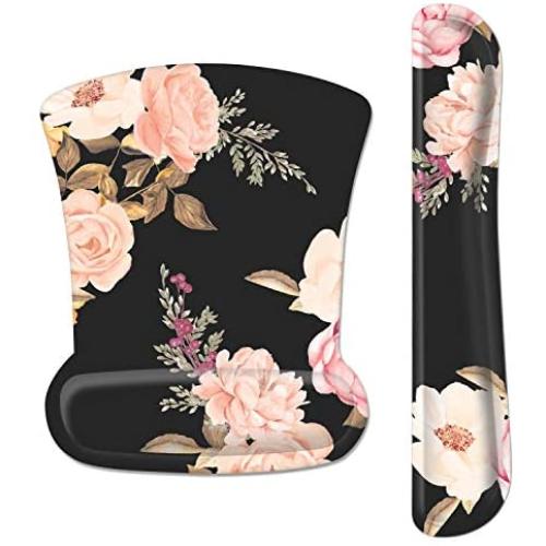 HOMKUMY Mouse Pad with Wrist Support and Keyboard Wrist Rest, Ergonomic Memory Foam Wrist Cushion Support with Non Slip Rubber Base Set for Computer Laptop Mac, Easy Typing & Pain Relief, Peony Flower