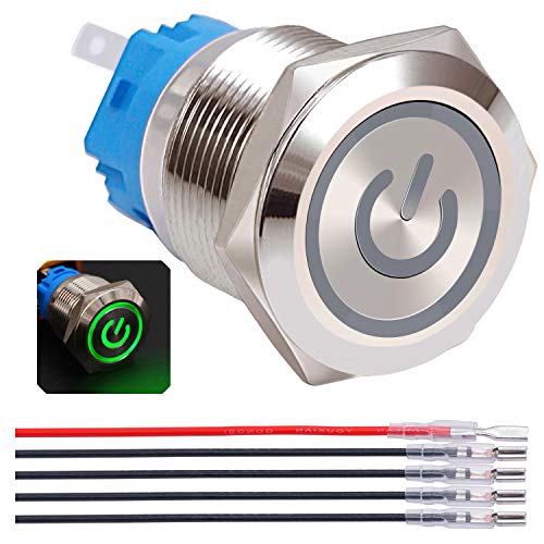 Twidec / 19mm Mounting Hole Latching Push Button Switch 1NO 1NC SPDT ON/OFF Silver Waterproof Stainless Steel Shell with 12V Green Power Symbol LED Lamp Ring for car modification Switch L-19-Power-T-G
