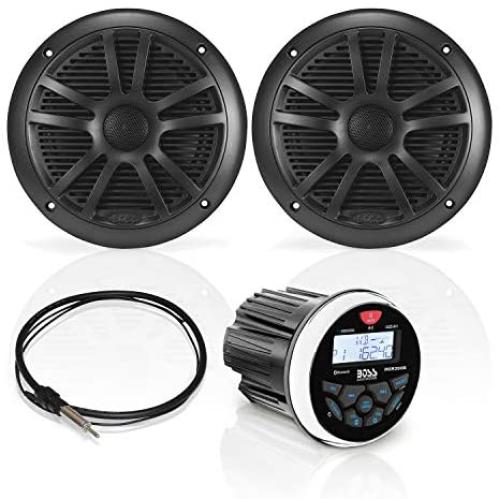 BOSS Audio Systems MCKGB350B.6 Weatherproof Marine Gauge Receiver and Speaker Package - IPX6 Receiver, 6.5 Inch Speakers, Bluetooth Audio, USB, MP3, AM/FM, NOAA Weather Band Tuner, No CD Player, 1 pair black speakers, One Pair of 6.5 inch