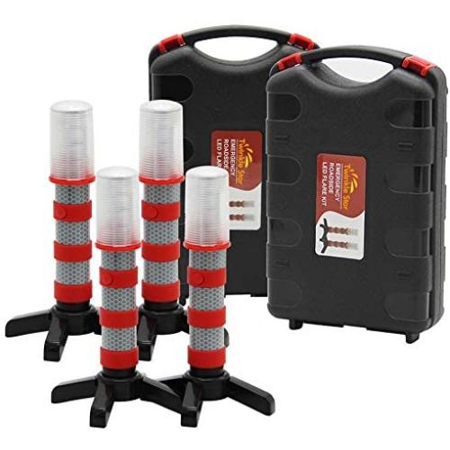 Twinkle Star Emergency Roadside Flares Kit LED Safety Strobe Road Warning Light Highway Beacon Alert Flare with Magnetic Base, Detachable Stand, Solid Storage Case (Set of 4)