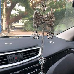 Car Mirror Pendant Charm Car Rear View Mirror Ornament with Tassel Bling Car Accessories Crystal Rhinestone Cute Car Decor Lucky Hanging Car Interior Decaration (White Bow)