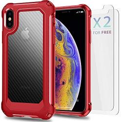 iPhone X Case, iPhone Xs Case with [ Screen Protector Tempered Glass x2Pack] SUPBEC Protective Phone Cover with Silicone PC+TPU Shockproof Rubber Heavy Duty Case for iPhone X/iPhone Xs-Clear Red