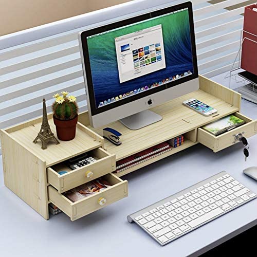 Amigogizmo Bamboo Office Monitor Riser Stand Adjustable Desk Organiser with Drawers, Maple