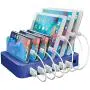 Hercules Tuff Charging Station for Multiple Devices, with 6 USB Fast Ports and 6 Short Mixed USB Cables Included for Cell Phones, Smart Phones, Tablets, and Other Electronics, Blue