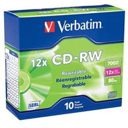 Verbatim CD-RW 700MB 2X-12X Rewritable Media Disc - 10 Pack Slim Case