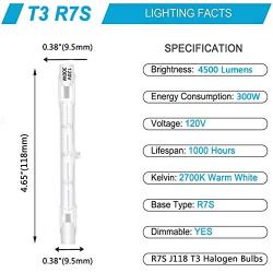 4 Pack Halogen R7S 118mm T3 300W Dimmable 4500lm J Type Linear Double Ended Floodlight Bulb 360° Beam Angle 120V R7S Base Warm White 2700K for Work, Security, Landscape Lights, Floor Lamps