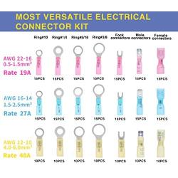 Haisstronica 280PCS Marine Grade Heat Shrink Wire Connectors-Electrical Connectors Kit of Tinned Red Copper,Crimp Insulated Ring Fork Spade Butt Splice(3Colors/7Size) 16-14 22-16 12-10 Gauge