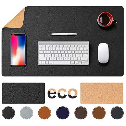 TESOBI Large Natural Cork & Leather Desk Pad, Double-Sided Desk Protector, Smooth Surface Mouse Pad, Waterproof Desk Mat for Office/Home/Gaming (24'' x 14'' Black)