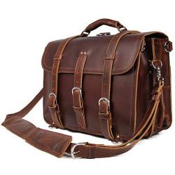 Polare Mens Full Grain Leather 16 Briefcase Shoulder Messenger Bag Fit 15.6 Laptop