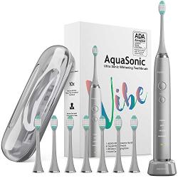 AquaSonic Vibe Series Ultra Whitening Toothbrush – ADA Accepted Electric Toothbrush - 8 Brush Heads & Travel Case - Ultra Sonic Motor & Wireless Charging - 4 Modes w Smart Timer – Charcoal Metallic