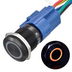 APIELE 19mm Momentary Push Button Switch On Off Aluminium Alloy with 12V LED Angel Eye Head for 19mm 3/4 Mounting Hole with Wire Socket Plug Self-Reset (Yellow Led/Black Shell)