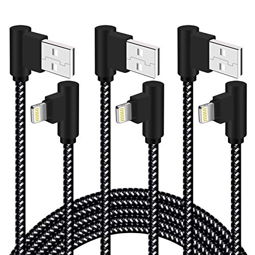90 Degree iPhone Charger 10 FT 3 Pack Lightning Cable Right Angle Braided iPhone Charging &Syncing Cord for iPhone Xs Max/XS/XR/X/iPad/iPod (Black White)