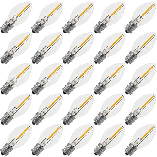 Emitting Shatterproof & Waterproof C7 Replacement LED Light Bulbs – 0.6W Equivalent to 7W, White Warm 2700K Outdoor String Lights , E12 Base Edison LED Night Light Bulbs (C7-25PACK)
