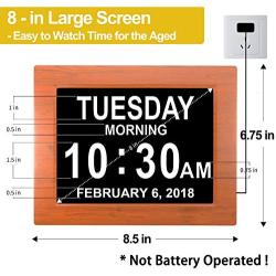 【Upgraded】 Digital Calendar Alarm Day Clock - with 8'' Large Screen Display, am pm, 5 Alarm, for Extra Large Impaired Vision People, The Aged Seniors, The Dementia, for Desk, Wall Mounted (Brown)