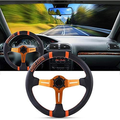 Bewinner 2 Color 350mm/14in Racing Steering Wheel, Universal Aluminum Frame Leather Car Steering Wheel with a Standard 6-Bolt Racing hub Adapter(Orange)